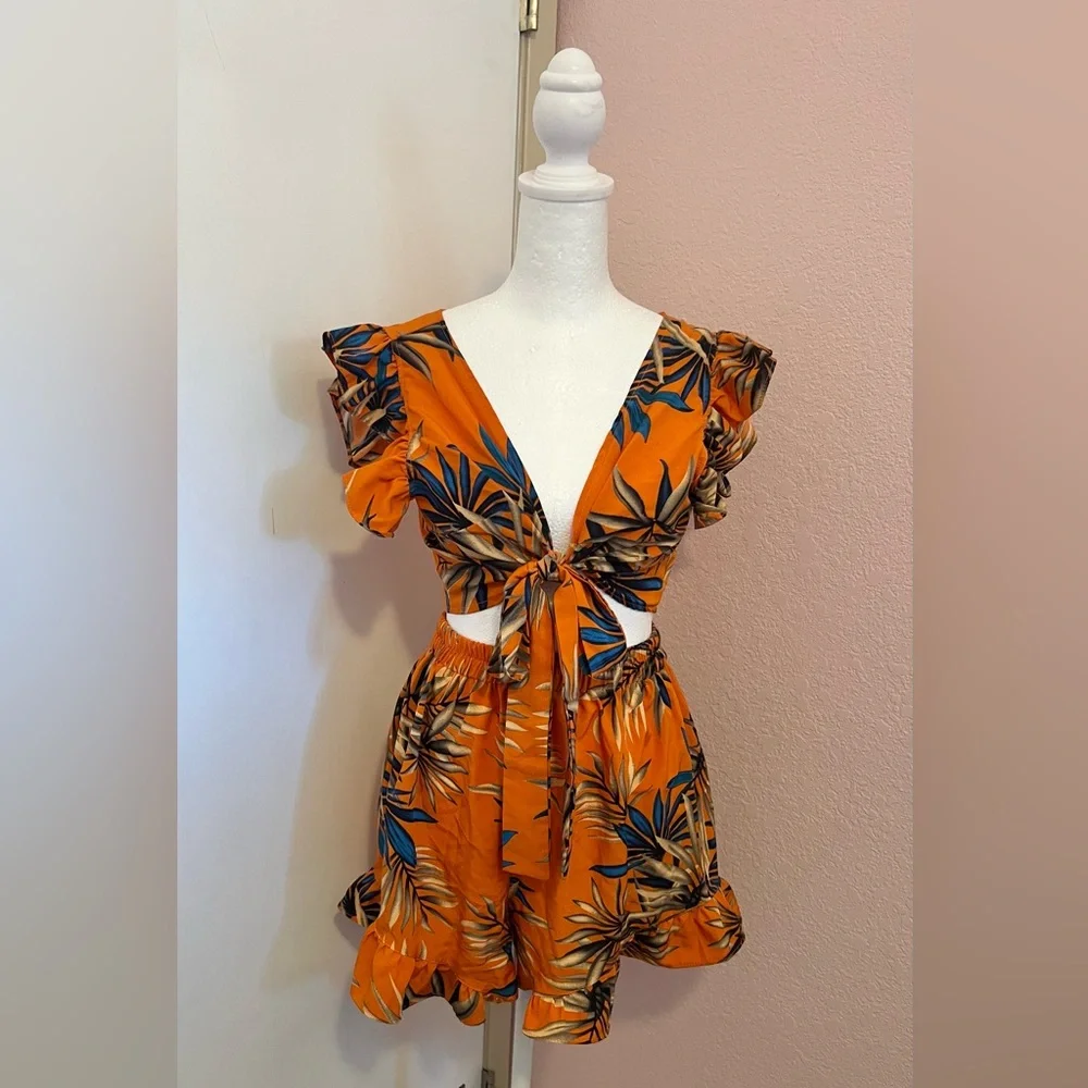 Tropical Print Tie Front Ruffle Trim Top and Shorts Co-ord Set